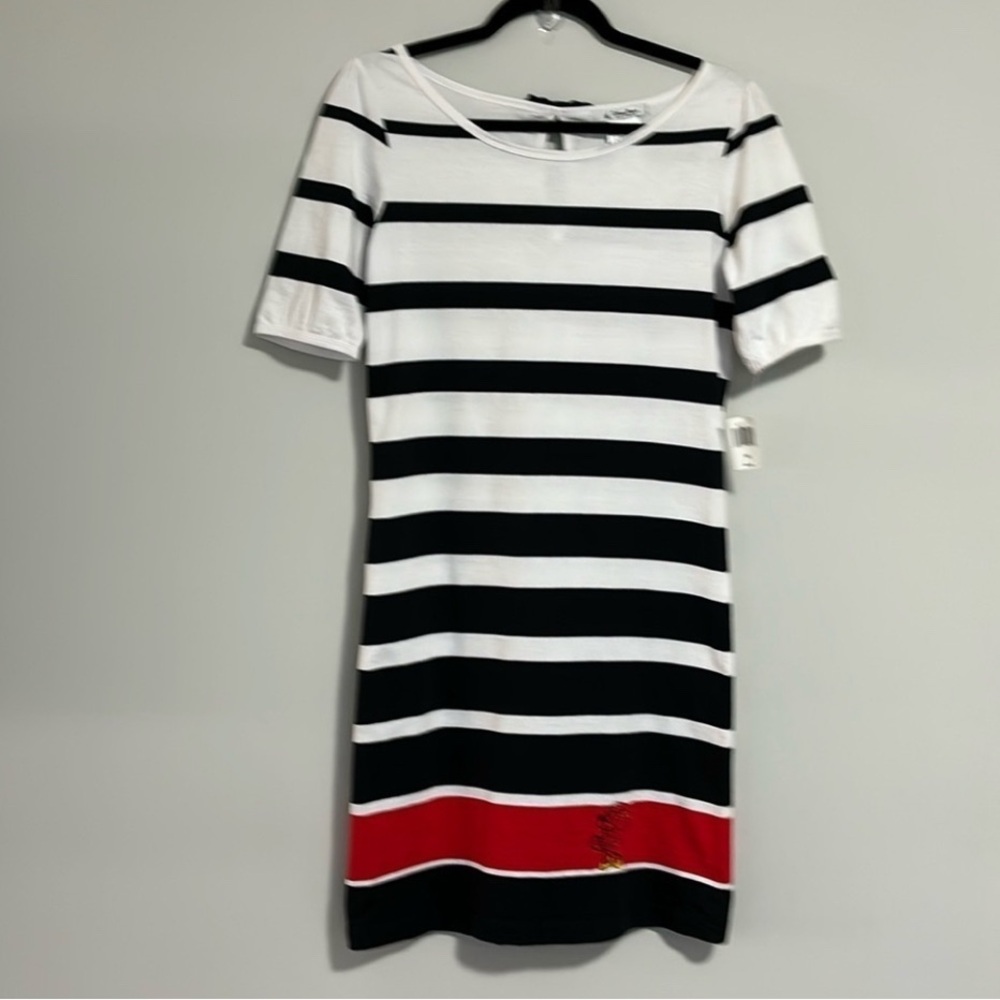 NWT Disney Parks Minnie Mouse Embroidered Black White Striped Dress Medium